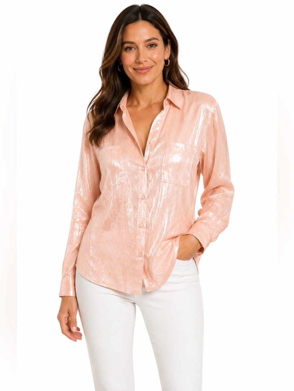 NastyGal Women's Shiny Long Sleeve Button Shirt Peach Color Size 4 Two Pockets